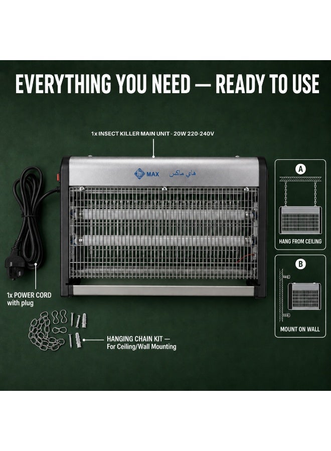 Hi Max Electric Bug Zapper & UV Insect Killer Lamp - 20W High-Voltage Mosquito Trap & Fly Killer Machine with Aluminum Housing - Chemical-Free Pest Control for Indoor - Silent Mosquito Catcher for Home - 39cm Wide, large Area Coverage, Child-pet Safe, Hanging/Wall Mount - Image 3