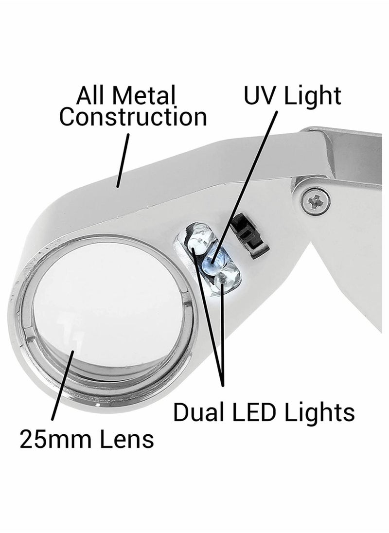 Excefore Magnifier Glass, 40X Full Metal Illuminated Jewelry Loop Magnifier, Pocket Folding Jewelers Eye Loupe with LED and UV Light  - Image 3