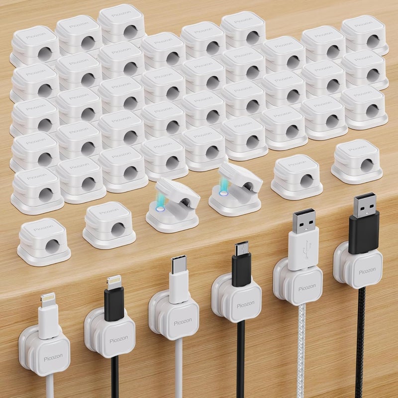 Picozon 48 Pack Magnetic Cable Clip Organizer Cord Holder, Adhesive Cable Management, Wire Phone USB Charger Cable Holder Keeper Organizer for Car, Office Home Desktop, Wall, Night Table - White - Image 1
