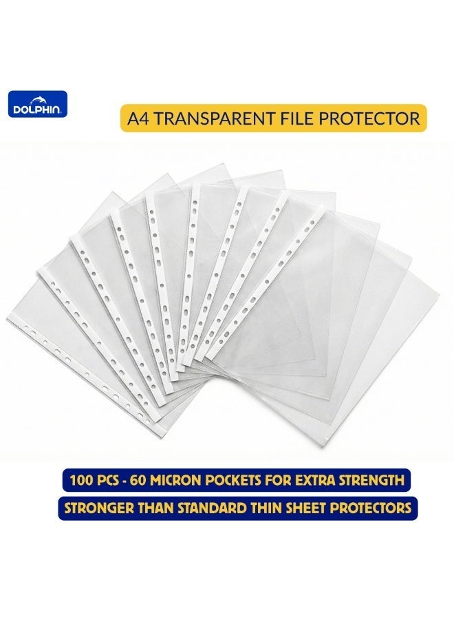 Dolphin 100 Pcs A4 Sheet Protectors, Transparent Clear PP Plastic Sleeves, 60 Micron Tear Resistant Document File Covers Clear / Transparent - Image 2