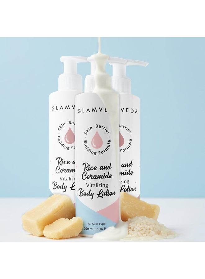 Glamveda Rice & Ceramide Glass Skin Body Lotion Moisturizer 200ml (Pack of 3)| 24Hr Hydrating Deep Nourishment Moisture | Non Greasy, Lightweight | For Glowing, Soft, Radiant & Repair Skin Barrier - Image 1