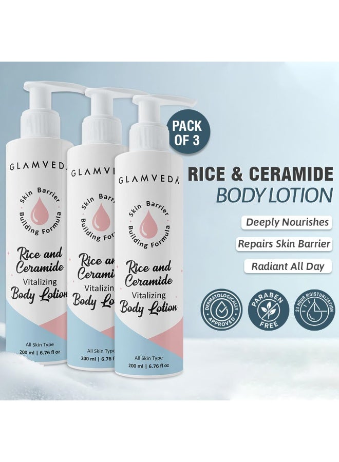 Glamveda Rice & Ceramide Glass Skin Body Lotion Moisturizer 200ml (Pack of 3)| 24Hr Hydrating Deep Nourishment Moisture | Non Greasy, Lightweight | For Glowing, Soft, Radiant & Repair Skin Barrier - Image 2