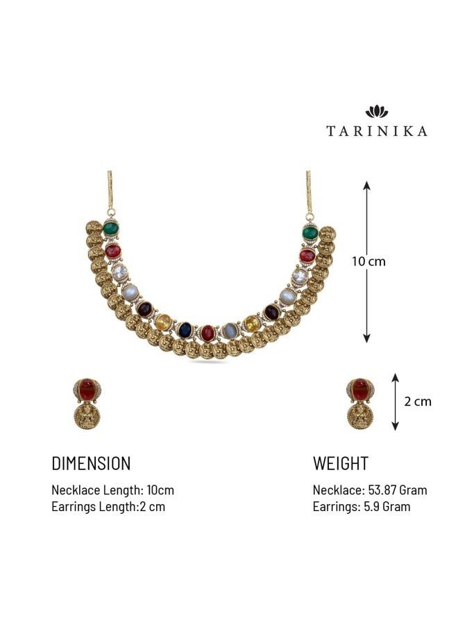 TARINIKA طقم قلادة نافاراتنا العتيقة - مطلية بالذهب من النحاس، أحجار كريمة متعددة الألوان، هدية مجوهرات هندية تقليدية للنساء مع أقراط، قلادة ديسي، متوسطة، نحاس، زركونيا مكعبة - Image 4