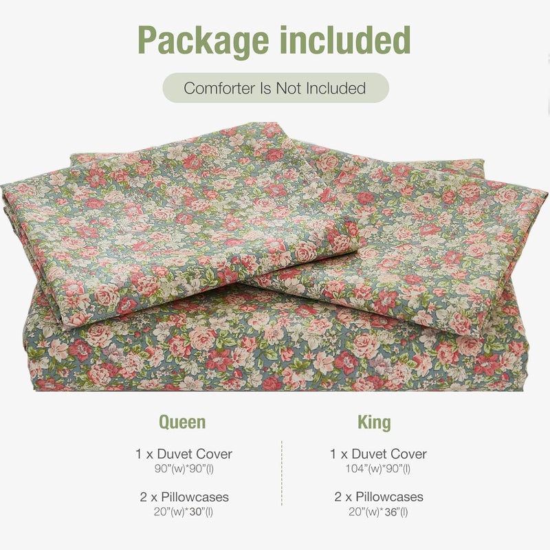 Bedding_Dreamer Ditsy Floral Bedding Set 3-Piece 100% Cotton Duvet Cover with Corner Ties & Zipper Closure â€“ Small Pink & Sage Green Flowers, French Country Cottagecore Shabby Chic Farmhouse Style - Image 5