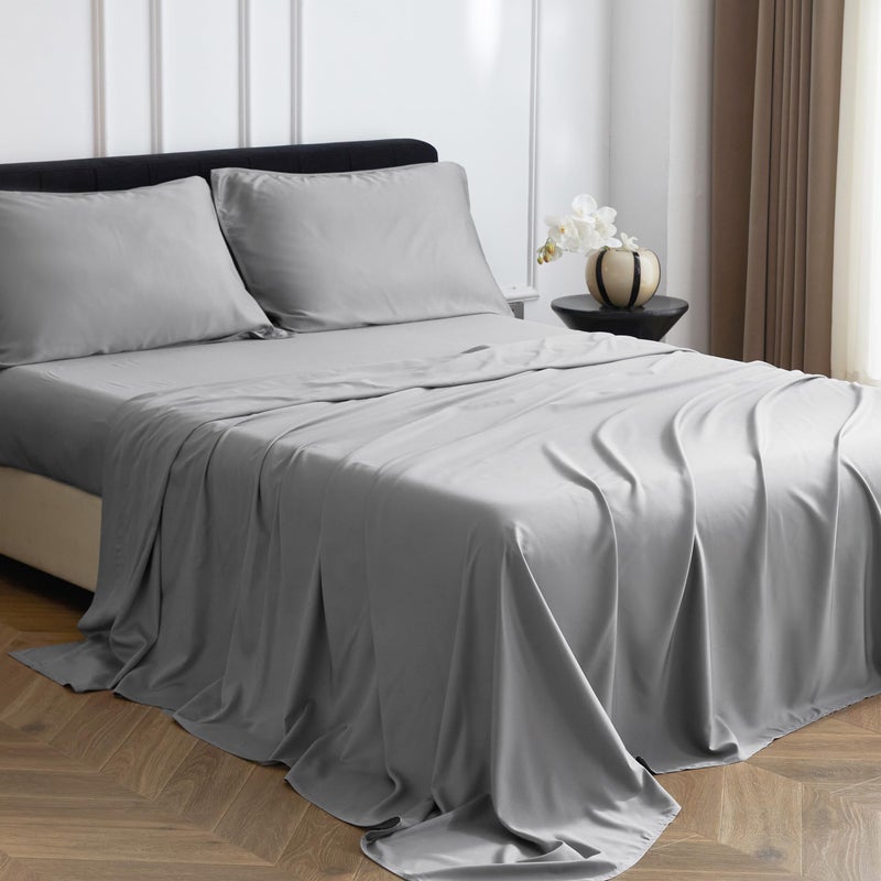 Simple&Opulence 100% Viscose Bed Sheet Set 4 Piece, Breathable Cooling Bedding Set with 15" Deep Pockets, Luxury Ultra Soft for Hot Sleepers (Gray,Queen) - Image 1