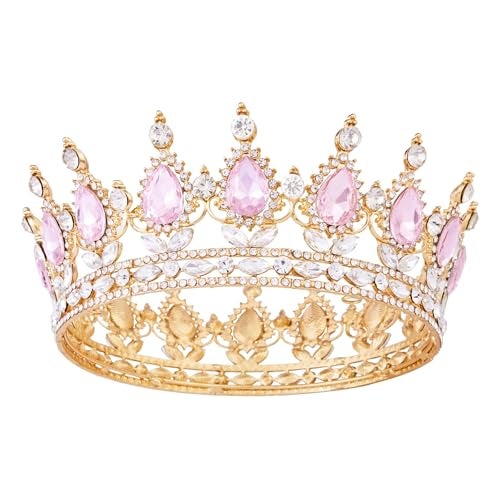 Vofler Crowns for Women, Vofler Queen Tiara Baroque Vintage Gold Pink Crystal Rhinestone Headband for Lady Girl Bridal Bride Princess Prom Birthday Wedding Pageant Prom Homecoming Halloween Costume Party - Image 1