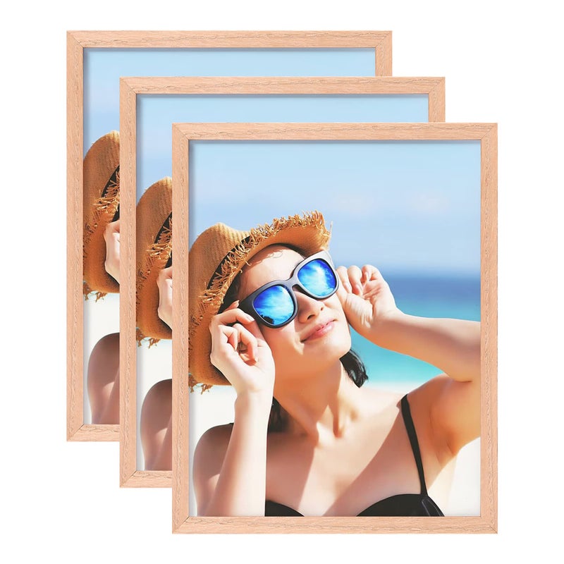 ATOBART 8x10 OAK Solid Wood Picture Frames Set of 3 Natural Wood Color Photo Frames with High Definition Real Glass for Wall Mounting or Tabletop in Living Room Bedroom Gallery