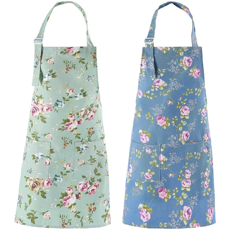 DDJYP Women Kitchen Apron-2 Pack  Cotton Canvas Flower Apron  Floral Pattern Apron with Pockets for Women Chef Apron(Green&Blue) - Image 1