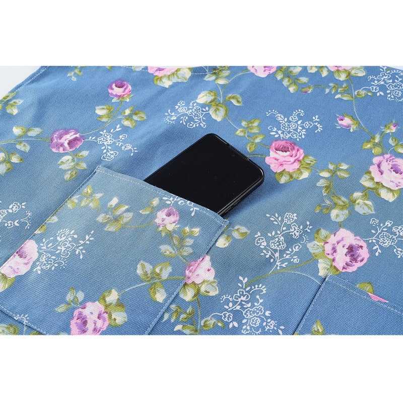 DDJYP Women Kitchen Apron-2 Pack  Cotton Canvas Flower Apron  Floral Pattern Apron with Pockets for Women Chef Apron(Green&Blue) - Image 2