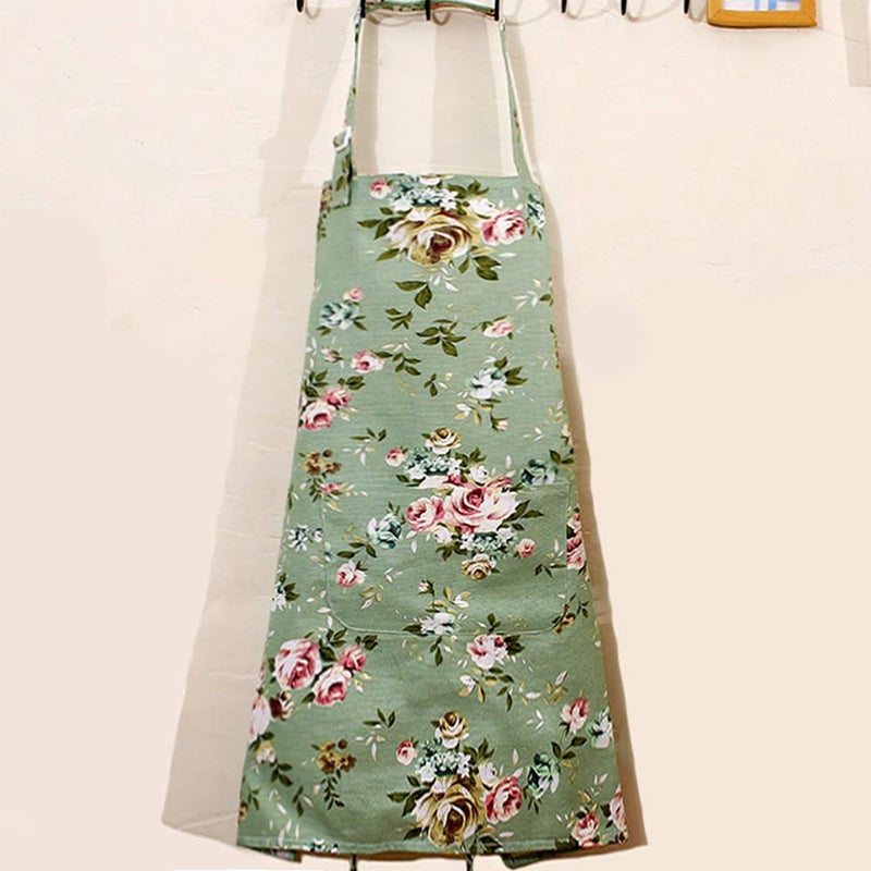 DDJYP Women Kitchen Apron-2 Pack  Cotton Canvas Flower Apron  Floral Pattern Apron with Pockets for Women Chef Apron(Green&Blue) - Image 4