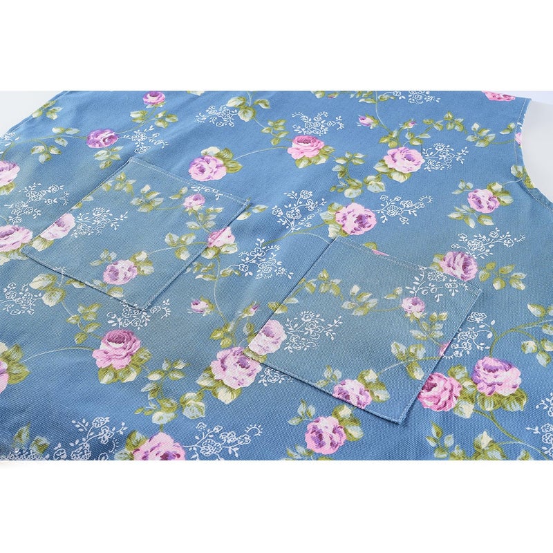 DDJYP Women Kitchen Apron-2 Pack  Cotton Canvas Flower Apron  Floral Pattern Apron with Pockets for Women Chef Apron(Green&Blue) - Image 3