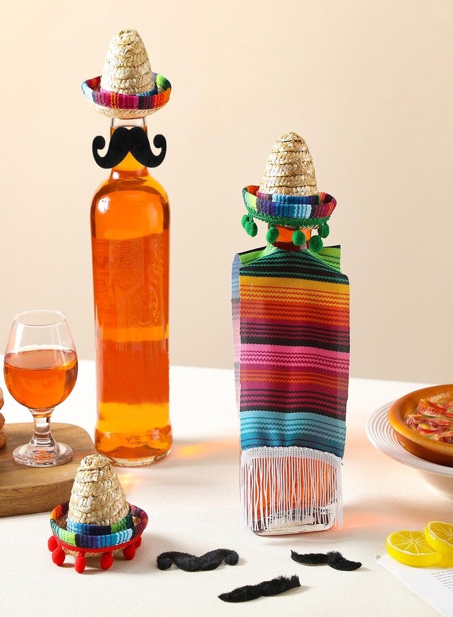 Ninehaoou 18Pcs Mini Sombrero Hats Set - Bottle Toppers for Mexican Fiesta, Cinco De Mayo Party with Serapes and Fake Beard - Image 5