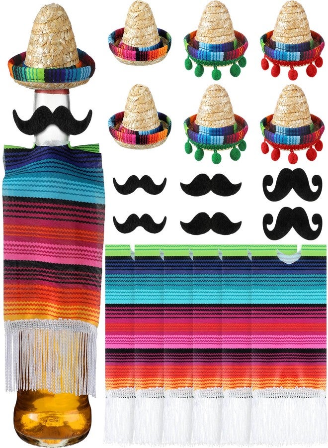 Ninehaoou 18Pcs Mini Sombrero Hats Set - Bottle Toppers for Mexican Fiesta, Cinco De Mayo Party with Serapes and Fake Beard - Image 1