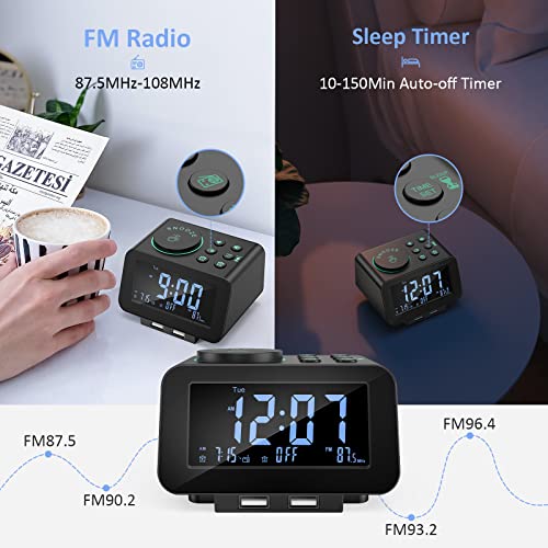 uscce Digital Dual Alarm Clock Radio - 0-100% Dimmer with Weekday/Weekend Mode, 6 Sounds Adjustable Volume, FM Radio w/Sleep Timer, Snooze, 2 USB Charging Ports, Thermometer, Battery Backup - Image 4