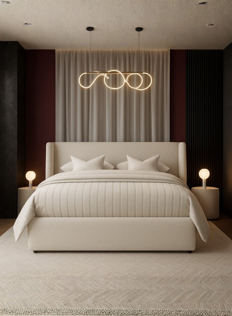 كستم ديكو إطار سرير فاخر من قماش "كوستوم ديكو" مُنجّد بلوح رأسي مجنح | تصميم عصري قابل للتخصيص، بيج، تصميم مبطن فاخر، وشرائح خشبية، سرير كوين بمقاس 150×200 سم - Image 3