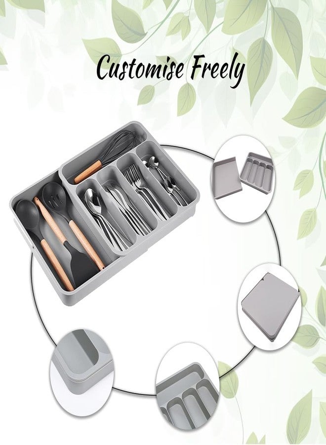 Aakarit 5 Grid Cutlery Organizer Expandable Kitchen Drawer and Utensil Holder Adjustable Large Tool | 34.5 x 52.5 x 5 CM | Plastic | Multicolor - Image 3