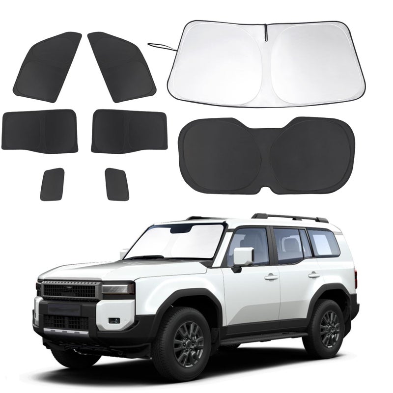 8PCS Windshield Sun Shade Custom Fit for 2024 2025 2026 Toyota Land Cruiser Prado 250 Accessories Foldable Sunshade Side Rear Window Shade Cover Full Set Privacy Protection Keeps Car Cool