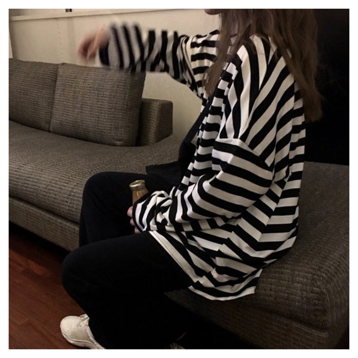 Cross-border 2025 Spring New Korean-style Black and White Striped Loose plus size Lazy Long-sleeved Round Neck T-shirt Womens Top Black stripes