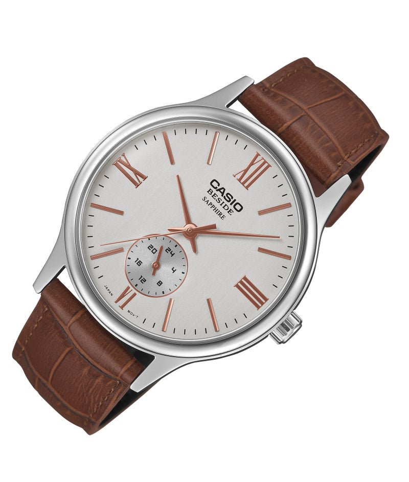Casio Men's Watch Analog White Dial With Brown Leather Band, BMS-100L-5AV - Image 2