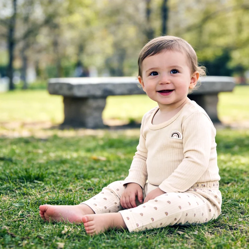 Babies Basic Babies Basic Ribbed Cotton Printed Short Sleeves T-shirt / Romper and Pyjama Set, Cream