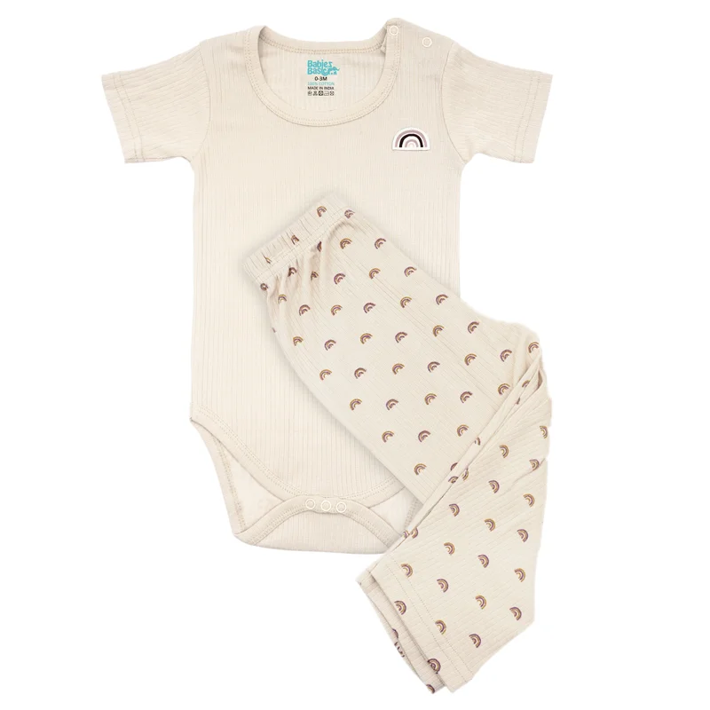 Babies Basic Babies Basic Ribbed Cotton Printed Short Sleeves T-shirt / Romper and Pyjama Set, Cream