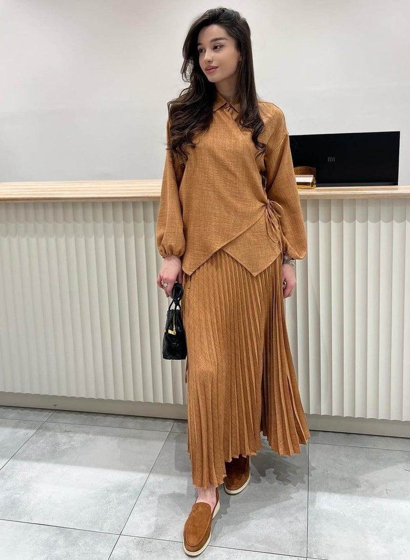 Shougu Temperament Lace Up Shirt Pleated Skirt Casual Two-piece Set - Image 1