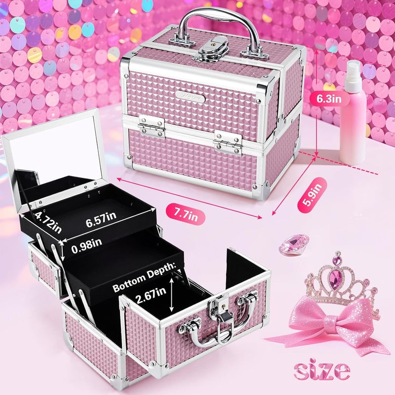 Joligrace Makeup Case Portable Makeup Box Travel Train Case Cosmetic Case Organizer with 2 trays Mirror Locking Make Up Storage Vanity Craft Nail Case Traveling Cosmetic Box for Girls Pink - Image 4