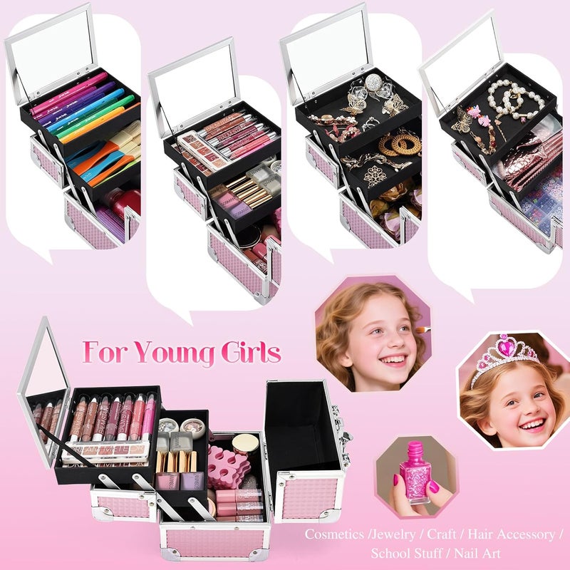 Joligrace Makeup Case Portable Makeup Box Travel Train Case Cosmetic Case Organizer with 2 trays Mirror Locking Make Up Storage Vanity Craft Nail Case Traveling Cosmetic Box for Girls Pink - Image 2