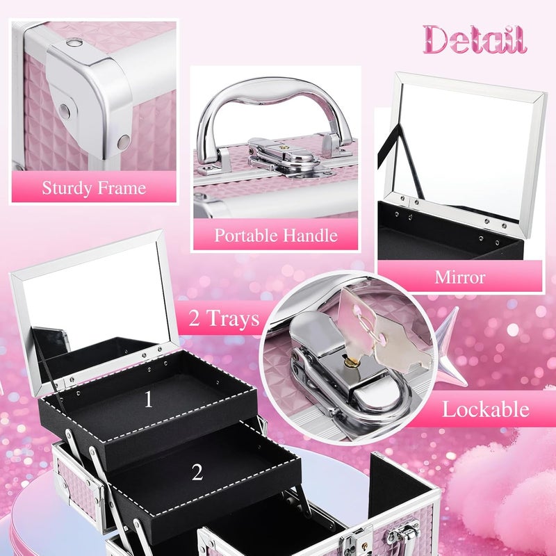 Joligrace Makeup Case Portable Makeup Box Travel Train Case Cosmetic Case Organizer with 2 trays Mirror Locking Make Up Storage Vanity Craft Nail Case Traveling Cosmetic Box for Girls Pink - Image 3