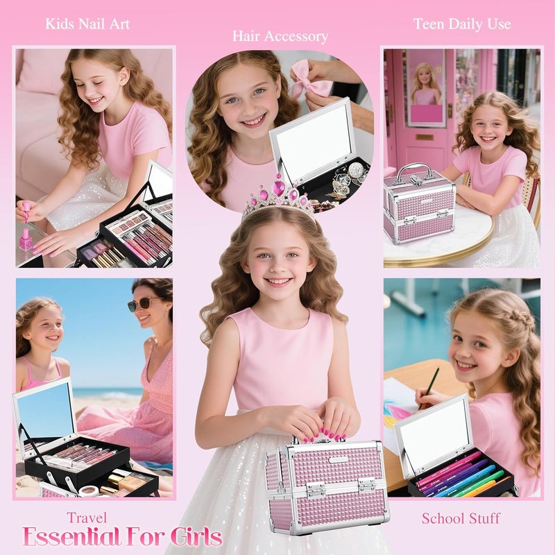 Joligrace Makeup Case Portable Makeup Box Travel Train Case Cosmetic Case Organizer with 2 trays Mirror Locking Make Up Storage Vanity Craft Nail Case Traveling Cosmetic Box for Girls Pink - Image 5