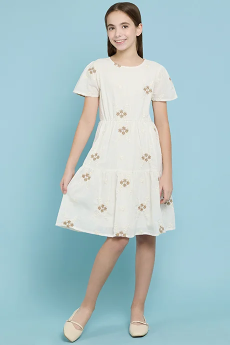 R&b Embroidered Tiered Dress with Crew Neck and Short Sleeves