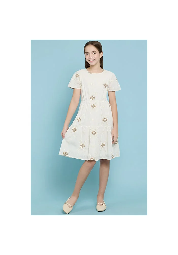 R&b Embroidered Tiered Dress with Crew Neck and Short Sleeves