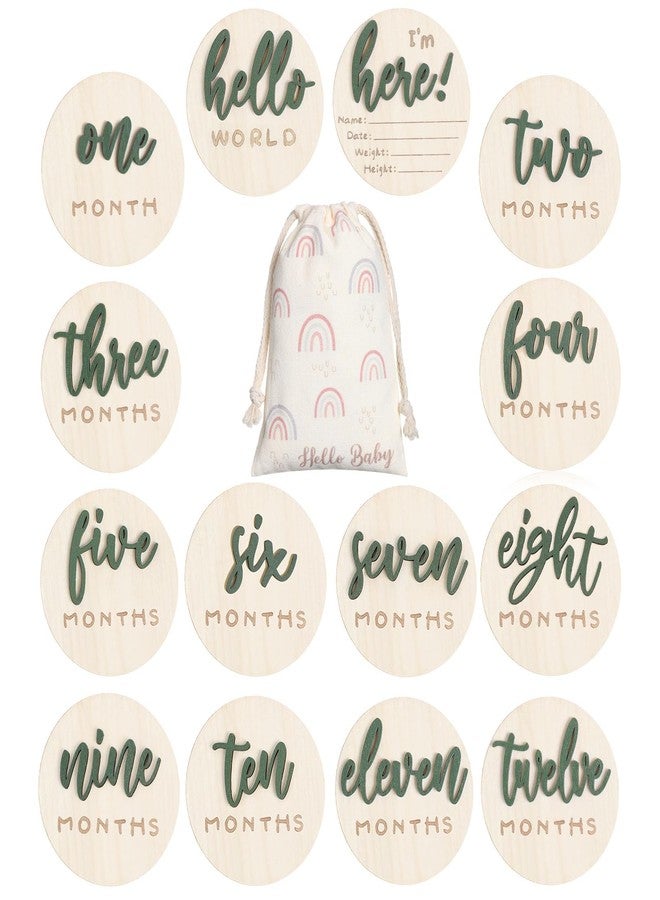 Burbell 7 Pack 3D Baby Monthly Milestone Card Signs Baby Announcement Sign Double Sided Hello World Newborn Signs Wooden Circles Discs for Welcome Newborn Shower Boy Girl Photo Props(Green) - Image 1