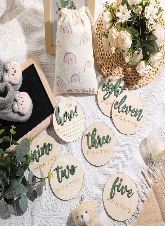 Burbell 7 Pack 3D Baby Monthly Milestone Card Signs Baby Announcement Sign Double Sided Hello World Newborn Signs Wooden Circles Discs for Welcome Newborn Shower Boy Girl Photo Props(Green) - Image 2