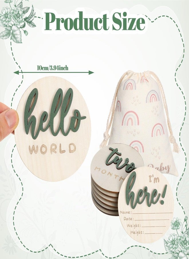 Burbell 7 Pack 3D Baby Monthly Milestone Card Signs Baby Announcement Sign Double Sided Hello World Newborn Signs Wooden Circles Discs for Welcome Newborn Shower Boy Girl Photo Props(Green) - Image 3