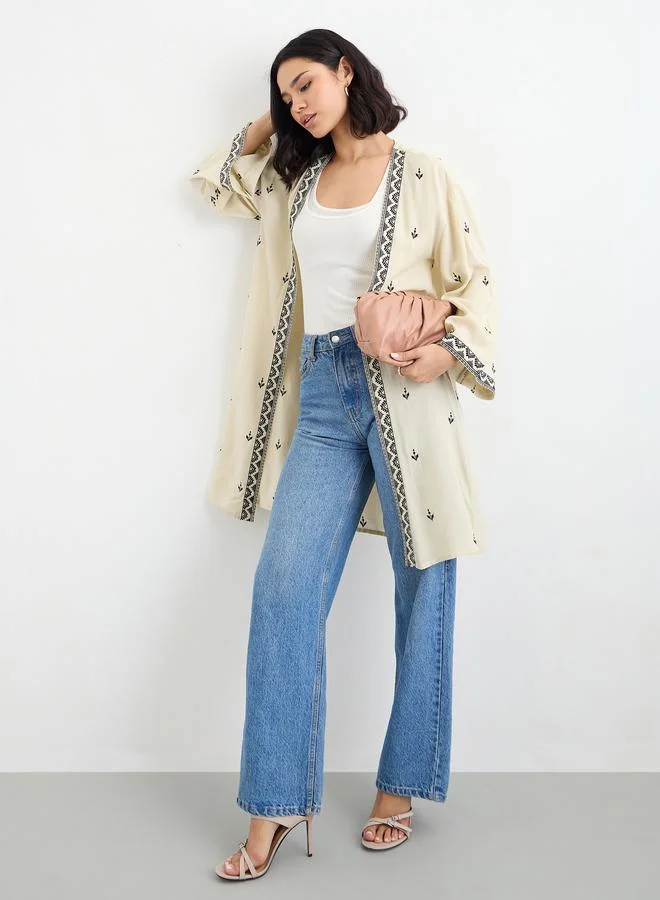 ستايلي Styli Women Beige Embroidered Kimono