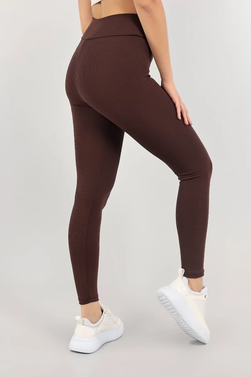 Alisse Women's Winter High Waist Ribbed Leggings with Fleece Inside - Brown