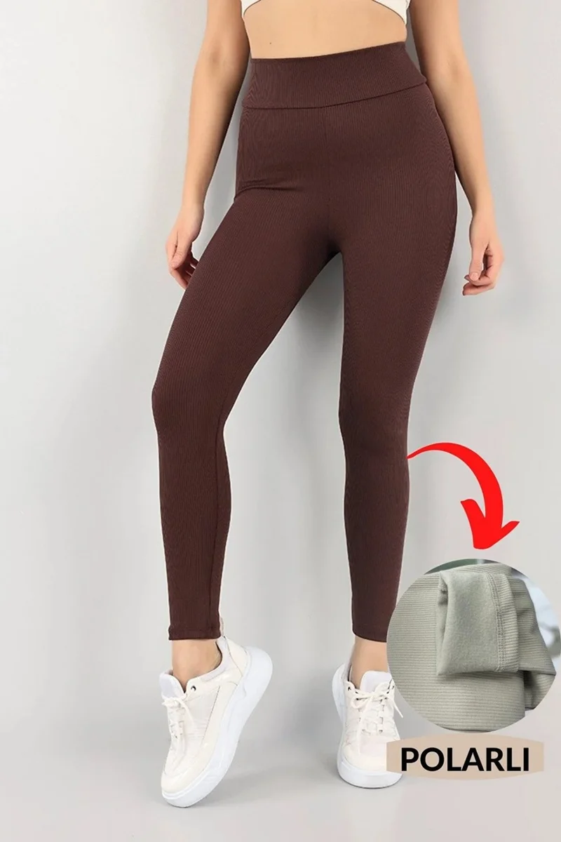 Alisse Women's Winter High Waist Ribbed Leggings with Fleece Inside - Brown