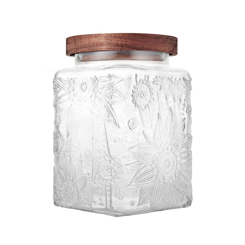 Custde Glass Storage Jars With Airtight Lid, 23.7oz Container For Kitchen Counter with Wood Lid, brown sugar, candy, coffee, cookie, salt, tea, cute Jar (Square Sunflower) - Image 1