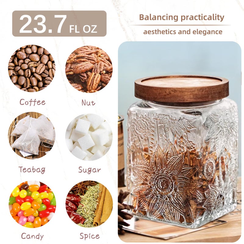 Custde Glass Storage Jars With Airtight Lid, 23.7oz Container For Kitchen Counter with Wood Lid, brown sugar, candy, coffee, cookie, salt, tea, cute Jar (Square Sunflower) - Image 4