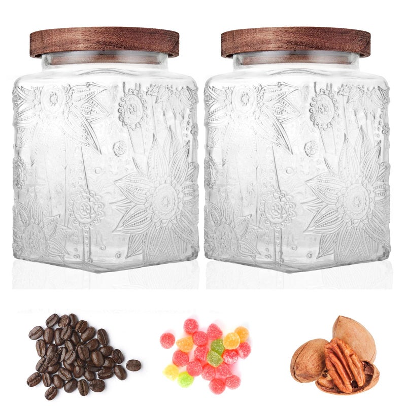 Custde Glass Storage Jars With Airtight Lid, 23.7oz Container For Kitchen Counter with Wood Lid, brown sugar, candy, coffee, cookie, salt, tea, cute Jar (Square Sunflower) - Image 2