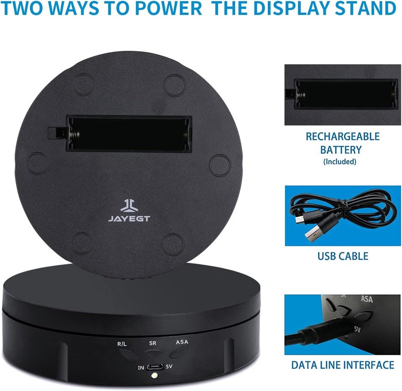 JAYEGT Motorized Rotating Display Stand, 5.74inch /22lbs Load, 360 Degree Electronic Turntable Display Stand for Photography Products Shows , Jewelry, Watch, 3D Models, Cake (Black/Button Control/rechargeable) - Image 3