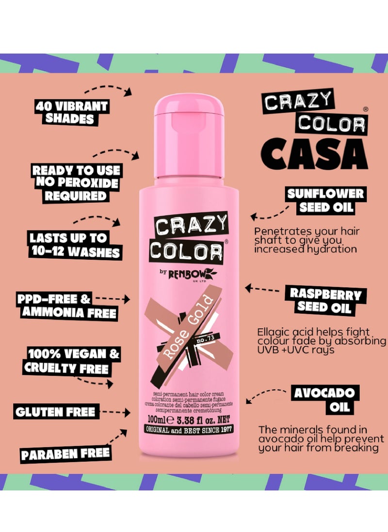 Crazy Color - Crazy Color Metalic Hair Dye - Vegan and Cruelty-Free Semi Permanent Hair Color - Temporary Dye for All Hair Types, #73, Rose Gold 100 ml - Image 1