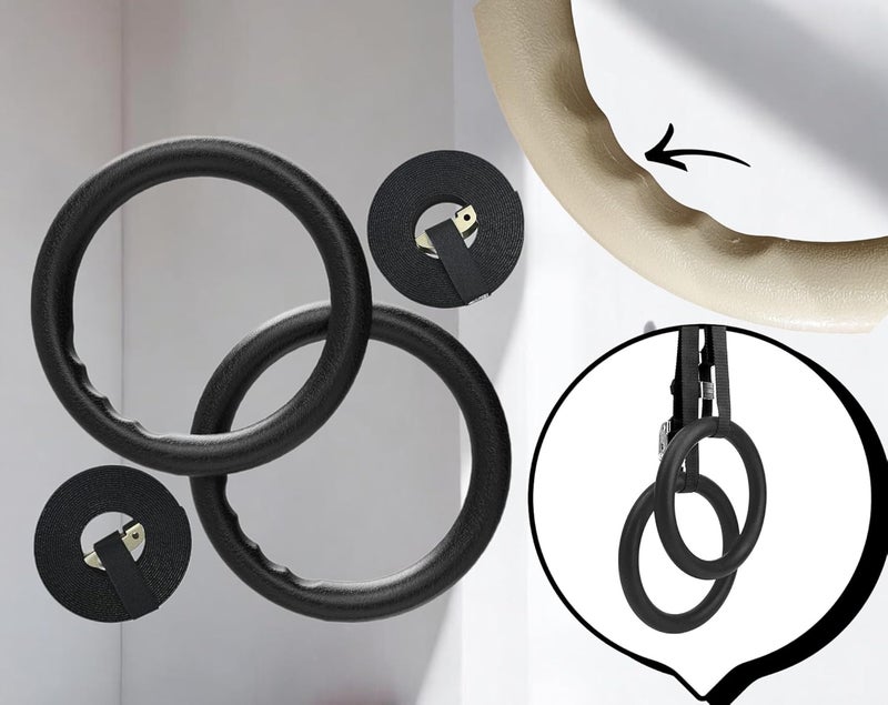 Techhark خواتم الجمباز ABS مع حزام قابل للتعديل بسعة عالية مع أحزمة قابلة للتعديل بطول 14.5 قدم للتدريب الوظيفي في اللياقة البدنية المنزلية لتمرين كامل الجسم (خاتم. أسود) - Image 1