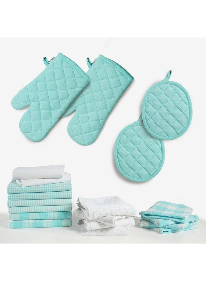 LANE LINEN Lane Linen Kitchen Towels And Dishcloths Sets - 20Pc Kitchen Towel Set, 350 Degree Heat Resistant Oven Mitts & Pot Holder, Reusable Dish Cloths For Washing Dishes, Absorbent Kitchen Hand Towels - Aqua  - Image 2