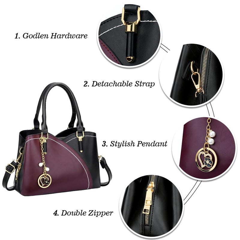 KKXIU Triple Compartments Purses and Handbags for Women Fashion Ladies Satchel Shoulder Top Handle Bag (Black Wine) - Image 4