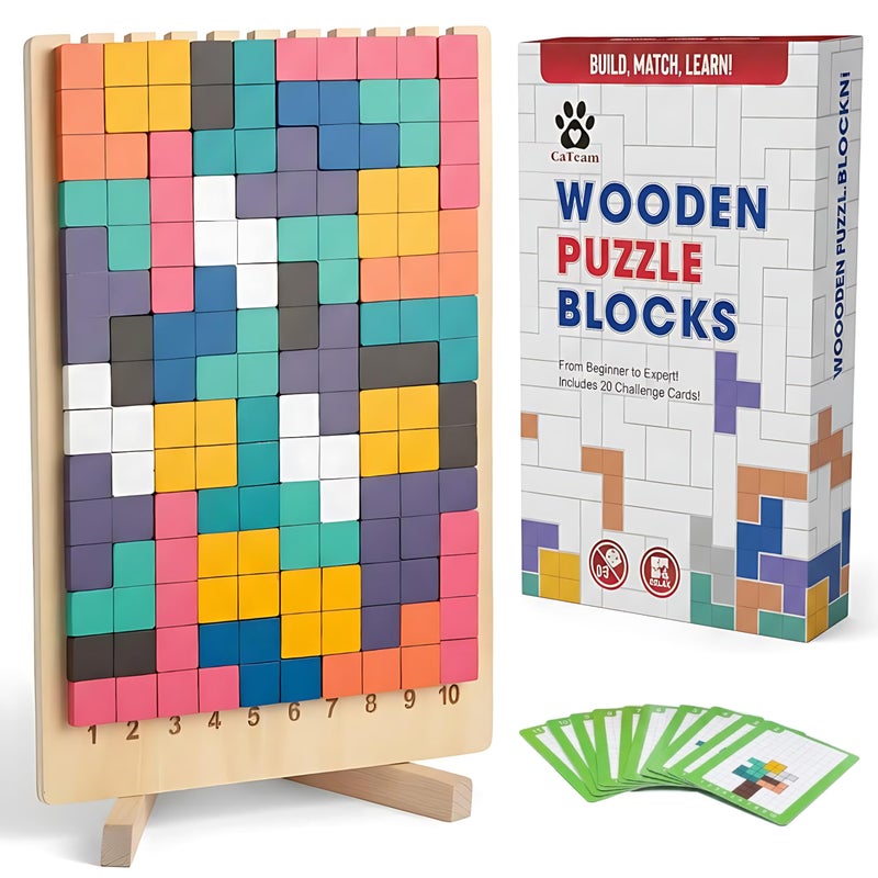 Cateam Wooden Puzzle Blocks Montessori Brain Blocks StackiStyle 10 Challenge Cards Numbered Tray Grid Guide Educational Game for Kids Ages 35 Russian Blocks Style Learning Game - Image 3