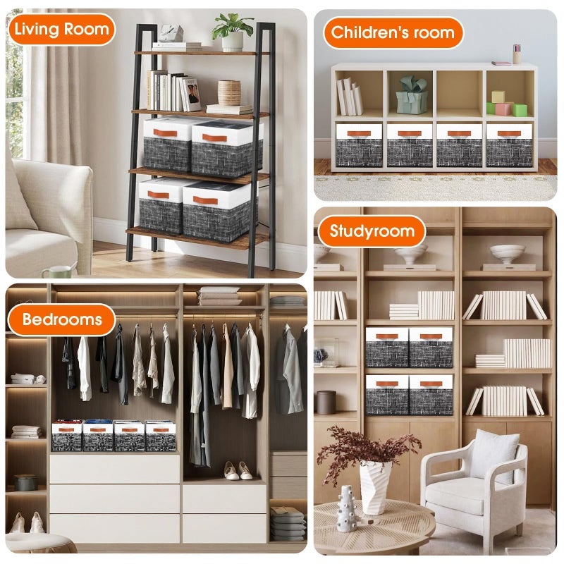Fab totes Collapsible Storage Baskets for Shelves,14"x10", 4 Pack Foldable Fabric Storage Bins with Double Leather Handles, Large Baskets for Organizing Books, Clothes, White & Black - Image 5