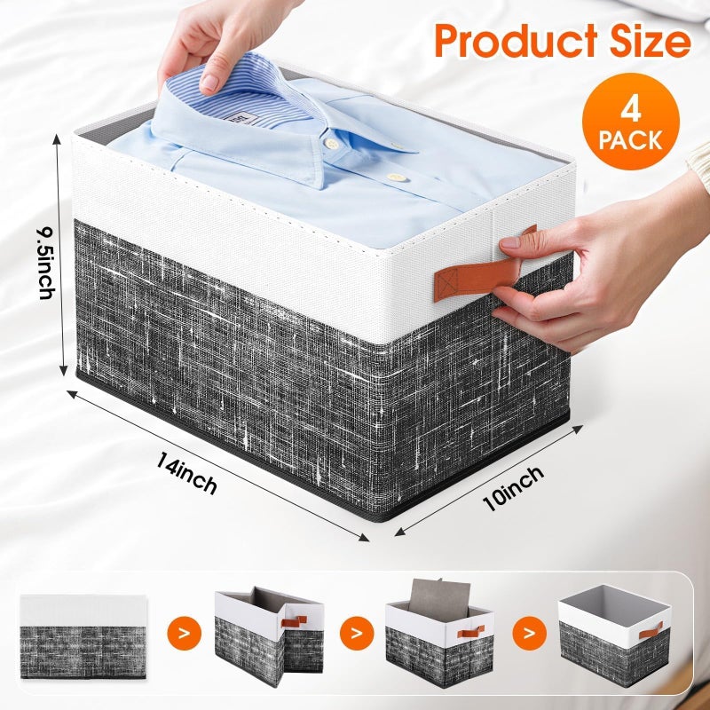 Fab totes Collapsible Storage Baskets for Shelves,14"x10", 4 Pack Foldable Fabric Storage Bins with Double Leather Handles, Large Baskets for Organizing Books, Clothes, White & Black - Image 2