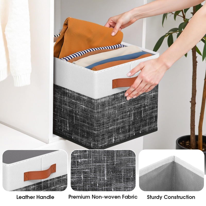 Fab totes Collapsible Storage Baskets for Shelves,14"x10", 4 Pack Foldable Fabric Storage Bins with Double Leather Handles, Large Baskets for Organizing Books, Clothes, White & Black - Image 4